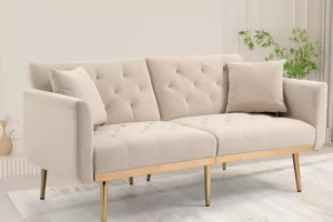 Samt-Sofa, getuftete Loveseat-Couch, umwandelbares Futon-Sofa-Bett, Akzent-Sofa-Liege, goldene Metallbeine, 2 Couch-Kissen, Mid Century Modern Sofas für Haus Wohnzimmer und Schlafzimmer (Beige)