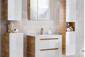 Lomadox Badmöbel Set in Hochglanz weiß mit Wotan Eiche Nb., Keramik-Waschtisch mit 81 cm Unterschrank, LED-Spiegelschrank, Hängeschränke, Hochschrank