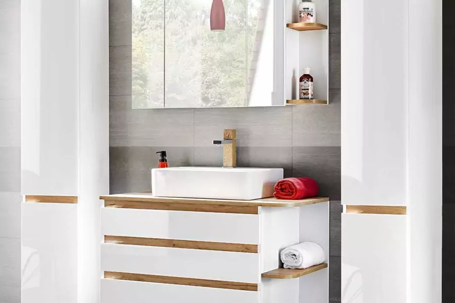 Lomadox Badezimmer Set in Hochglanz weiß mit Wotaneiche, Waschtisch-Unterschrank mit Keramik-Waschbecken und 2 Hochschränke