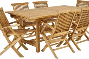 NATERIAL - Gartenmöbel Set für 6 Personen - Gartentisch ANTEA 180/240x100 cm - Ausziehtisch - 6er Set Gartenstühle ANTEA mit Armlehnen - 6 x Klappstuhl - Teak - Gartenset - Sitzgruppe
