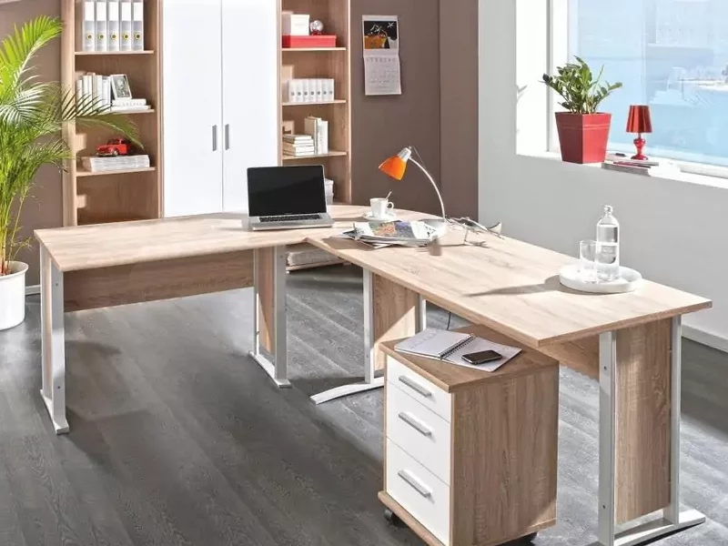 OFFICE LINE Büromöbel Komplettset in Eiche Sonoma Optik, Weiß - Möbel Set 3-teilig bestehend aus Eckschreibtisch, Rollcontainer und Regalwand