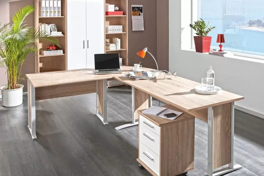 OFFICE LINE Büromöbel Komplettset in Eiche Sonoma Optik, Weiß - Möbel Set 3-teilig bestehend aus Eckschreibtisch, Rollcontainer und Regalwand